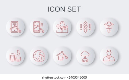 Set line Worker, Dollar rate decrease, Employee dismissal, Storm, Mobile stock trading, Global economic crisis and  icon. Vector