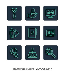 Set line Worker, Employee hierarchy, Magnifying glass for search job, Project team base, Resume, Leader of of executives, Tie and  icon. Vector