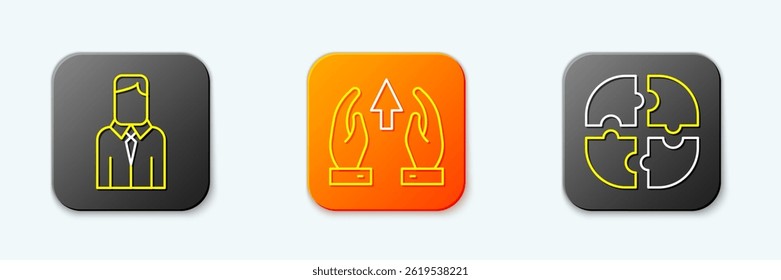 Set line Worker, Growth chart and progress and Piece of puzzle icon. Vector