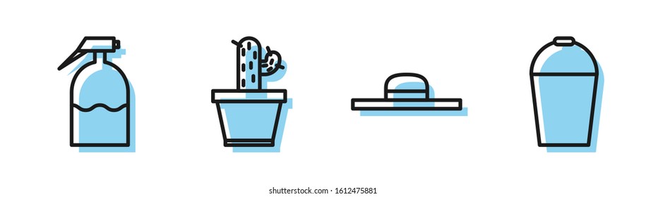 Set line Worker hat, Garden sprayer, Cactus and succulent in pot and Bucket icon. Vector