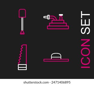 Set line Sombrero de trabajador, sierra de jardín, manguera de fuego e icono de pala. Vector