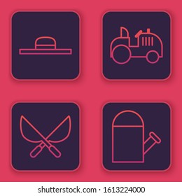 Set line Worker hat, Gardening handmade scissors, Tractor and Watering can. Blue square button. Vector