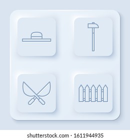 Set line Worker hat, Hammer, Gardening handmade scissors and Garden fence wooden. White square button. Vector
