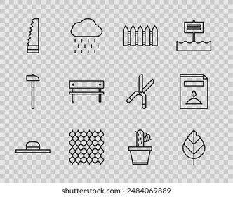 Set line Worker hat, Leaf, Garden fence wooden, saw, Bench, Cactus and succulent in pot and A pack full of seeds of specific plant icon. Vector