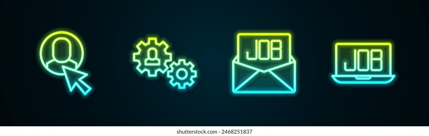 Set line Trabajador, Humano con engranaje, trabajo de Búsqueda y . Icono de neón brillante. Vector