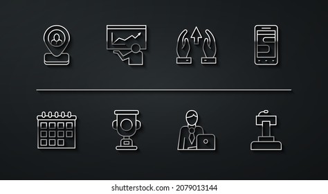 Set line Worker location, Calendar, Chat messages phone, Businessman, Award cup, Training, presentation, Stage stand tribune and Growth chart progress icon. Vector