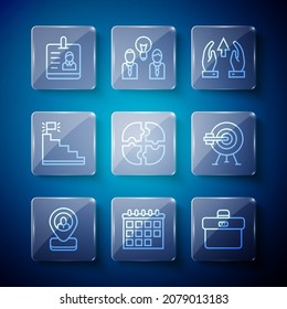 Set line Worker location, Calendar, Briefcase, Growth chart and progress, Piece of puzzle, Stair with finish flag, Identification badge and Target arrow icon. Vector