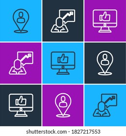 Set line Worker location, Hand like and Team leader icon. Vector