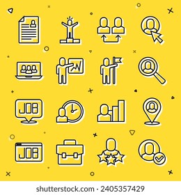 Set line Worker, location, Magnifying glass for search job, Exchange work, Leader of team of executives, Project base, Resume and Man holding flag icon. Vector
