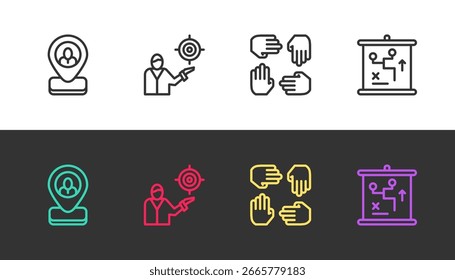 Definir a localização do trabalhador, a estratégia de meta de marketing, a base da equipe do projeto e o conceito de planejamento em preto e branco. Vetor