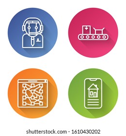 Set line Worker robot, Conveyor belt with cardboard box, Global technology or social network and Smart home. Color circle button. Vector