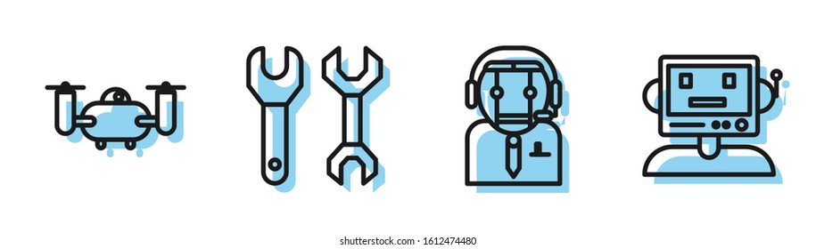 Set line Worker robot, Drone flying with action camera, Spanner and Robot icon. Vector