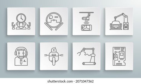 Línea Robot de trabajo, fábrica de mano de brazo robótica de máquina industrial, chip digital de la motherboard de componentes electrónicos de computadora, cámara de seguridad de CCTV de control inalámbrico e icono del gestor de tiempo. Vector