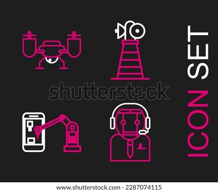 Set line Worker robot, Industrial machine robotic arm hand, Antenna and Drone flying with action camera icon. Vector
