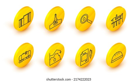 Set line Worker safety helmet, Contract money and pen, Drop in crude oil price, Oil railway cistern, platform the sea, drop, rig with fire and industrial factory building icon. Vector