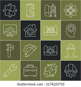 Set line Worker safety helmet and gear, Human head with inside, Graphing paper compass, House, Computer monitor, Gear and plan icon. Vector