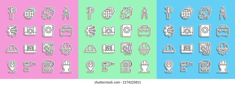 Set line Worker safety helmet, and gear, Toolbox, Wrench arrows as workflow, Graphing paper, Algorithm, Calliper caliper scale and User manual icon. Vector