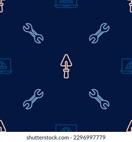 Set line Worker safety helmet, Wrench spanner and Trowel on seamless pattern. Vector