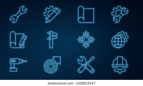 Set line Worker safety helmet and gear, Globe of the Earth, Graphing paper for engineering, Calliper caliper scale, pencil, Wrench spanner, Processor with microcircuits CPU and Pencil icon. Vector