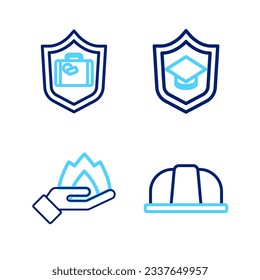 Set line Worker safety helmet, Hand holding fire, Graduation cap with shield and Travel suitcase icon. Vector