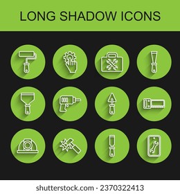 Set line Worker safety helmet, Hammer, Paint roller brush, Rasp metal file, Mobile service, Electric drill machine, Hand saw and Trowel icon. Vector