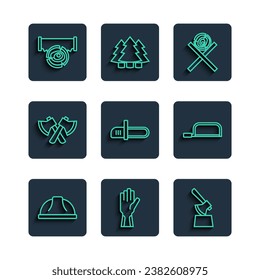 Set line Worker safety helmet, Protective gloves, Wooden axe in stump, logs on stand, Chainsaw, Two-handed and Hacksaw icon. Vector