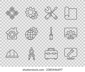Set line Worker safety helmet, Location with wrench spanner, Screwdriver and, Drawing compass, Processor microcircuits CPU, Globe of the Earth gear, Toolbox and Computer monitor icon. Vector