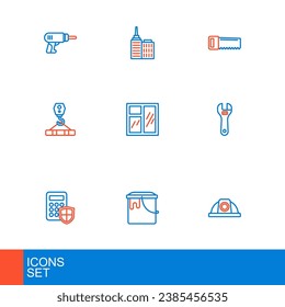 Set line Worker safety helmet, Paint bucket, Security keypad access panel, Adjustable wrench, Crane hook, Window room, Hand saw and City landscape icon. Vector