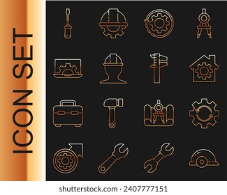 Setzen Sie die Linie Arbeiter-Sicherheitshelm, Getriebe und Pfeile als Arbeitsablauf, Haus mit Getriebe, Laptop, Schraubendreher und Kaliber-Kaliber-Symbol ein. Vektorgrafik