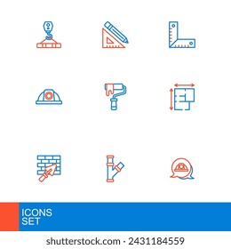 Set line Worker safety helmet, Industry metallic pipe, Brick wall with trowel, House plan, Paint roller brush, Corner ruler and Triangular and pencil icon. Vector
