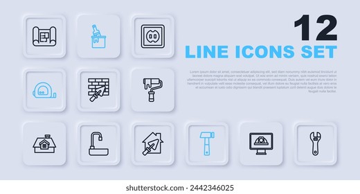 Set line Worker safety helmet, Adjustable wrench, Brick wall with trowel, Hammer, Roulette construction, Washbasin, Paint bucket brush and House icon. Vector