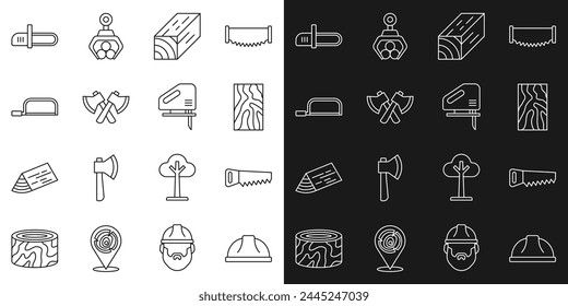 Set line Worker safety helmet, Hand saw, Wooden beam, axe, Hacksaw, Chainsaw and Electric jigsaw icon. Vector