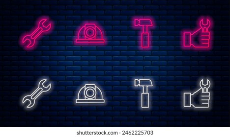Set line Worker safety helmet, Hammer, Wrench spanner and . Glowing neon icon on brick wall. Vector