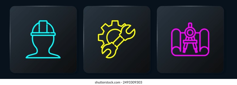 Set line Worker safety helmet, Graphing paper and compass and Wrench spanner gear. Black square button. Vector