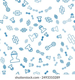 Set line Worker safety helmet, Wrench spanner and Bricks on seamless pattern. Vector