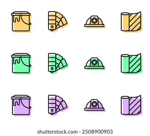 Casco de seguridad del trabajador, cubo de pintura, guía de la paleta de colores e ícono de Fondo de pantalla. Vector