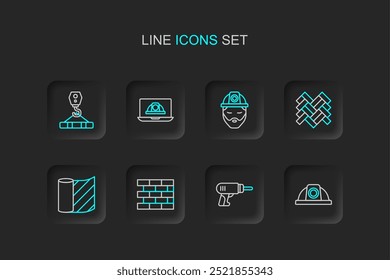 Set line Worker safety helmet, Electric drill machine, Bricks, Wallpaper, Parquet, Builder,  and Crane hook icon. Vector