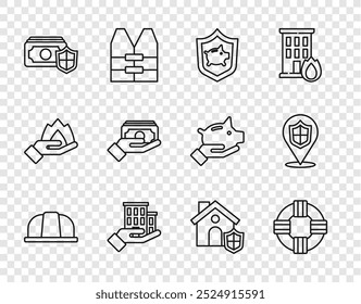 Set line Capacete de segurança do trabalhador, Lifebuoy, Piggy bank com escudo, Casa de seguro, dinheiro, Pilhas dinheiro papel dinheiro dinheiro e ícone de localização. Vetor