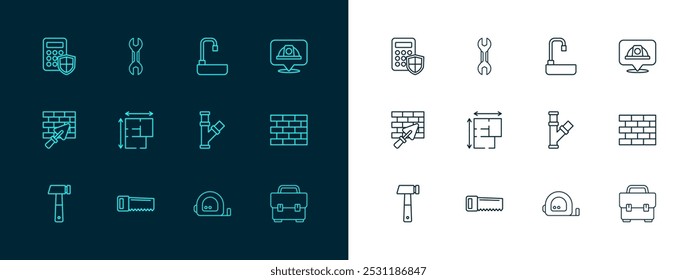 Casco de seguridad para trabajadores, sierra de mano, tubería metálica industrial, construcción de ruleta, Plan de la casa, lavabo, panel de acceso de teclado de seguridad e icono de llave inglesa. Vector