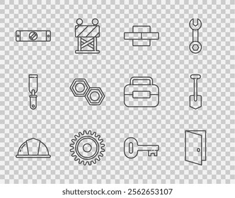 Set line Worker safety helmet, Closed door, Bricks, Circular saw blade, Construction bubble level, Hexagonal metal nut, Old key and Shovel icon. Vector