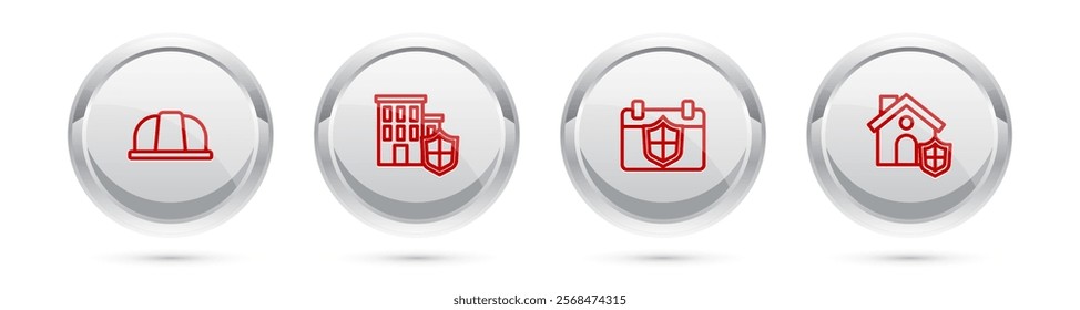 Set line Worker safety helmet, House with shield, Calendar and . Silver circle button. Vector