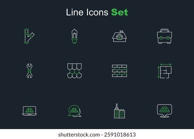 Set line Worker safety helmet, City landscape, House plan, Bricks, Roof tile and Wrench spanner icon. Vector