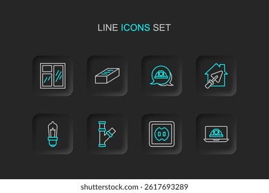 Set line Worker safety helmet, Electrical outlet, Industry metallic pipe, Light bulb, House with trowel, Brick and Window in room icon. Vector