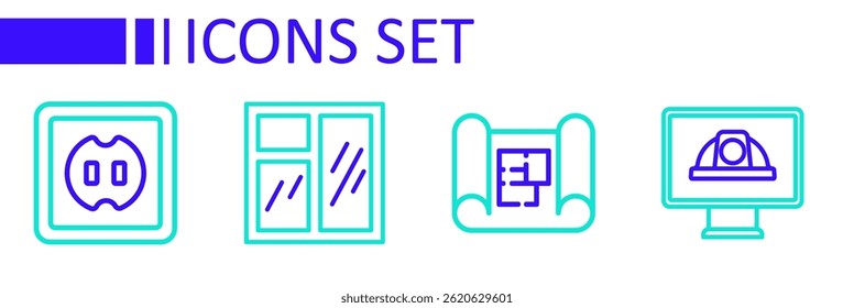 Set line Worker safety helmet, House plan, Window in room and Electrical outlet icon. Vector