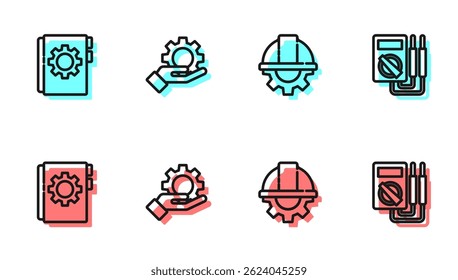 Definir linha Capacete de segurança do trabalhador e engrenagem, Manual do usuário, Configurações na mão e ícone Multímetro. Vetor
