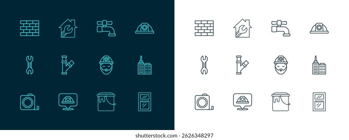 Casco de seguridad del trabajador, constructor, cubo de pintura, tubo metálico de la industria, grifo de agua, ladrillos y casa con el icono de llave inglesa. Vector