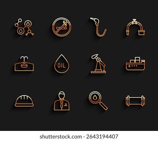 Set line Capacete de segurança do trabalhador, comerciante do mercado de ações do empresário, óleo da molécula, gota de óleo, tubulação da indústria, navio-tanque e bomba jack ícone da bomba. Vetor