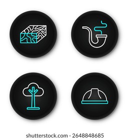 Set line Worker safety helmet, Tree, Smoking pipe and Wooden beam icon. Vector