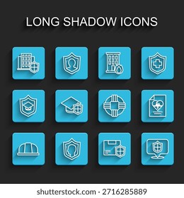 Set line Worker safety helmet, Life insurance with shield, House, Delivery security, Location, Graduation cap, Health and Lifebuoy icon. Vector