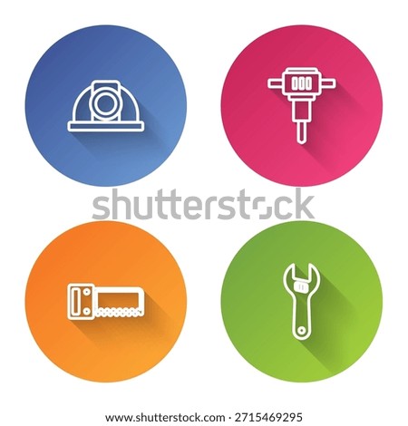 Set line Worker safety helmet, Construction jackhammer, Hand saw and Adjustable wrench. Color circle button. Vector